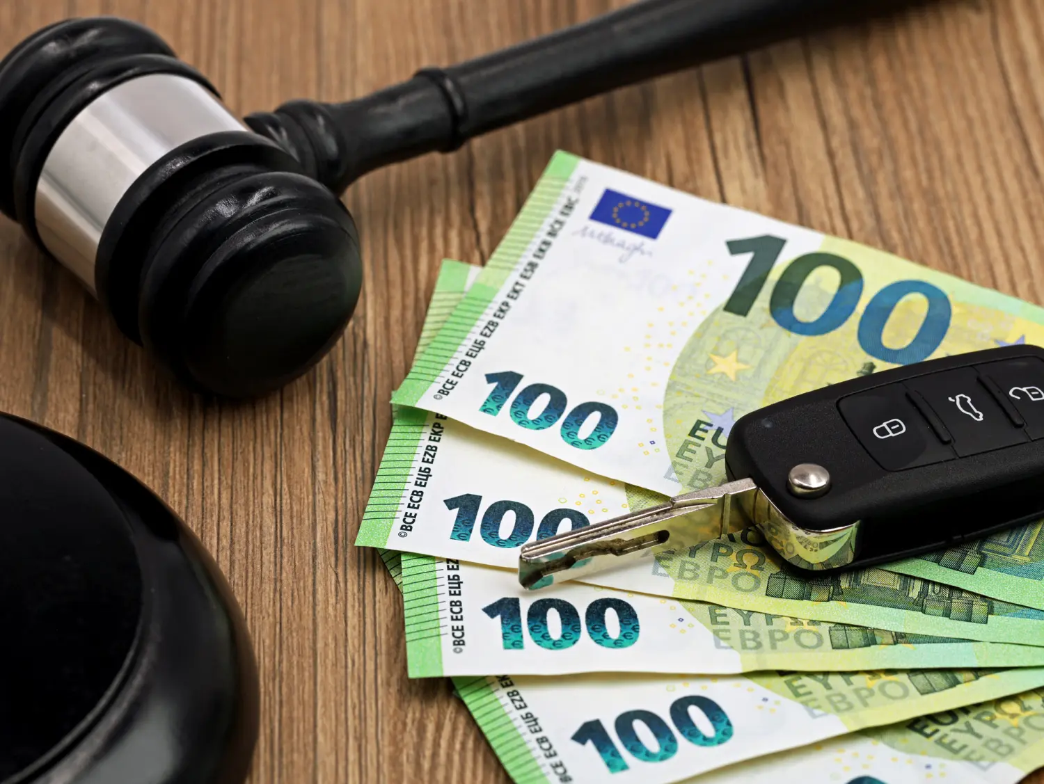 ein Hammer, mehrere 100-Euro-Scheine und ein Autoschlüssel auf einer Holzoberfläche.